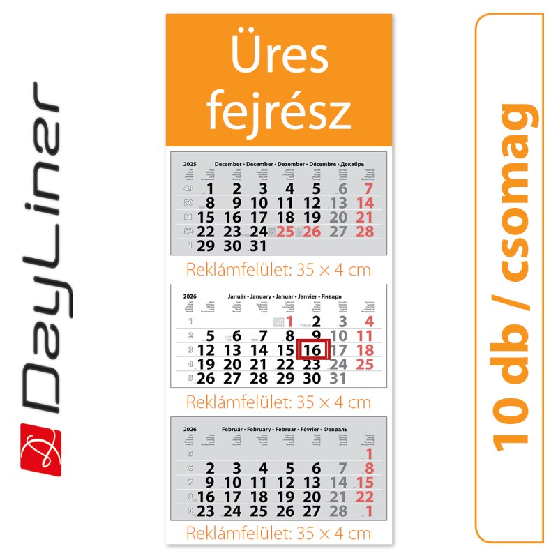 Maxi Classic, 3 tömbös 3 hónapos speditőr naptár - Üres, nyomtatható fejrésszel, 10db/csomag